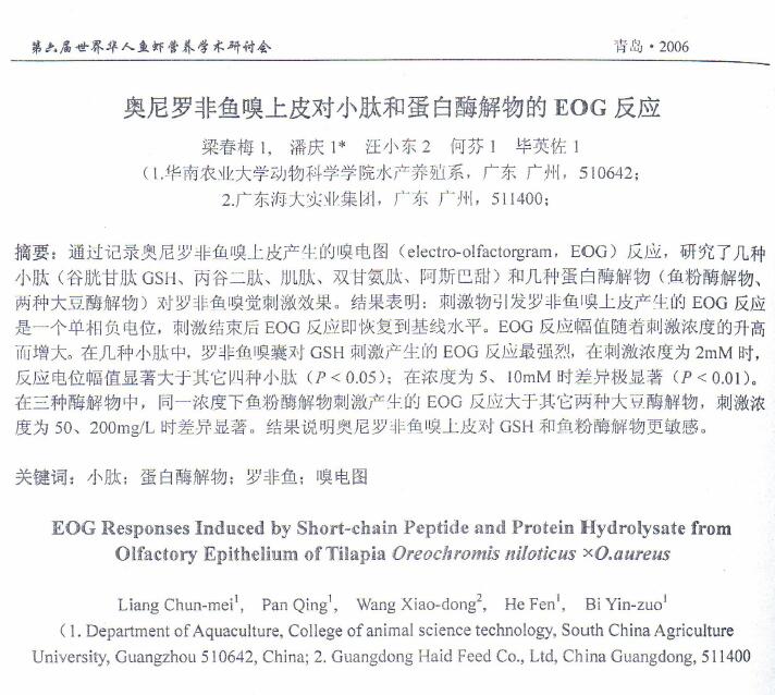 Liang Chunmei, Pan Qing, Wang Xiaodong, He Fen, Bi Yingzuo. 2006. Respuestas EOG del epitelio olfativo de una tilapia a péptidos pequeños e hidrolizados de proteasa. Actas del 6º Simposio Mundial Chino sobre Nutrición de Pescado y Camarones, 492-498.